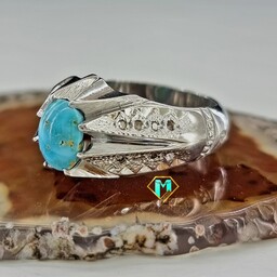 انگشتر مردانه فیروزه نیشابوری طبیعی خوش رنگ نقره 925 دست ساز  مزین به الماس و آبکاری 