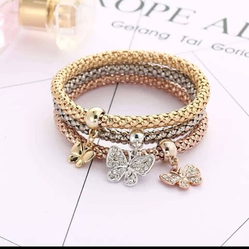 پک دستبند 3 تایی طرح پروانه در سه رنگ نقره ای ، طلایی ، رزگلد