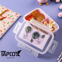 ظرف غذا کودک محصولی از شرکت تاپکو پلاستیک دارای 3خانه با قابلیت برداشتن خانه ها دارای درب چفتی و درب واشر دار جنس درجه1 
