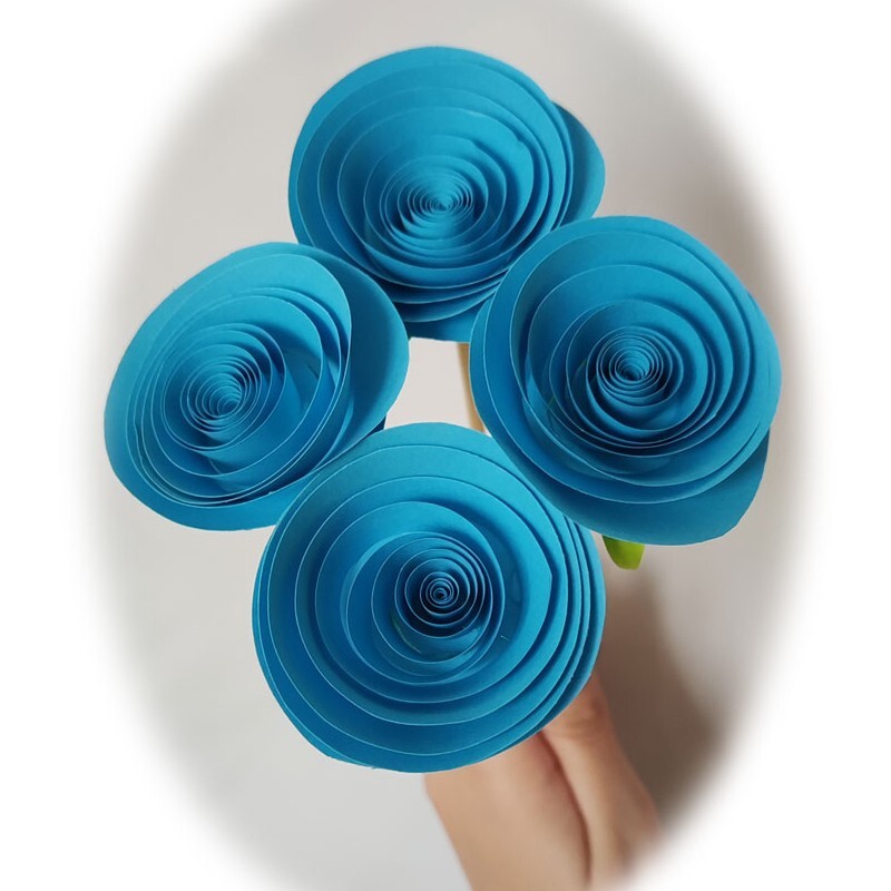 گل رز ژولیت کاغذی دست ساز  مصنوعی دسته چهار عددی چترا آبی رنگ