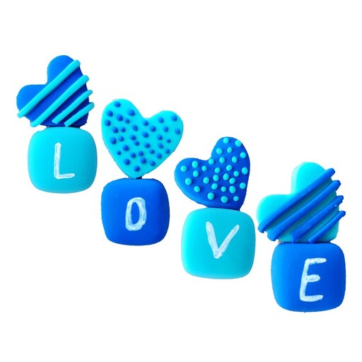 مگنت یخچال طرح قلب مکعبی Love مجموعه چهار عددی فیروزه ای و آبی خمیری چترا