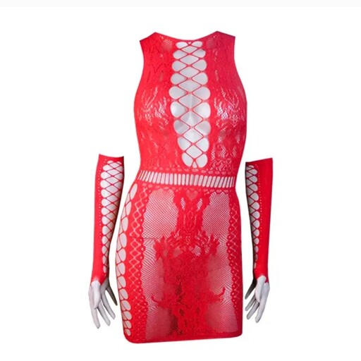 لباس خواب فانتزی زنانه فاق باز رنگ قرمز دارای ساق دست فری سایز