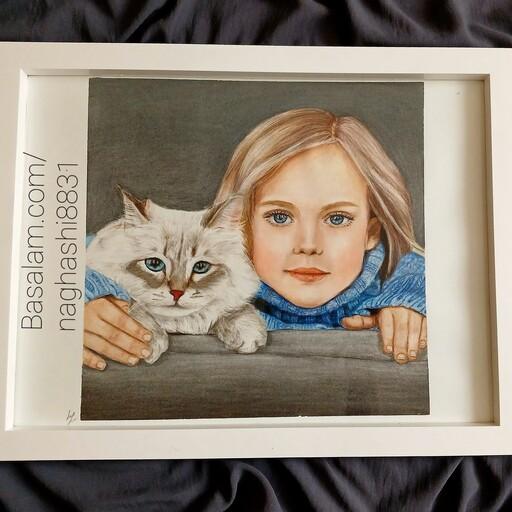 نقاشی مدادرنگی طرح چهره دختر و گربه سایز a3 