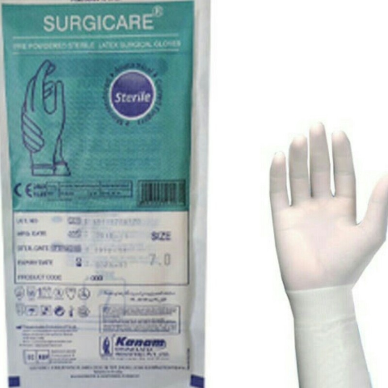 دستکش جراحی  در سایز های (8.5)(8)(6.5)(7)(7.5) تعداد در بسته 1 جفت