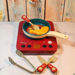 ست بازی لوازم آشپزخانه ماهی تابه و گاز صفحه ای باتری خور صدا خور چراغ دار شبیه سازآشپزی برای کودکان همراه با میوه و سبزی