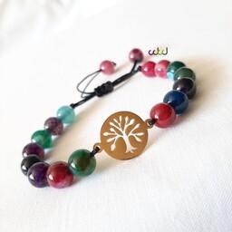 دستبند زنانه سنگ عقیق و پلاک استیل درخت زندگی زیورآلات رنگ ثابت