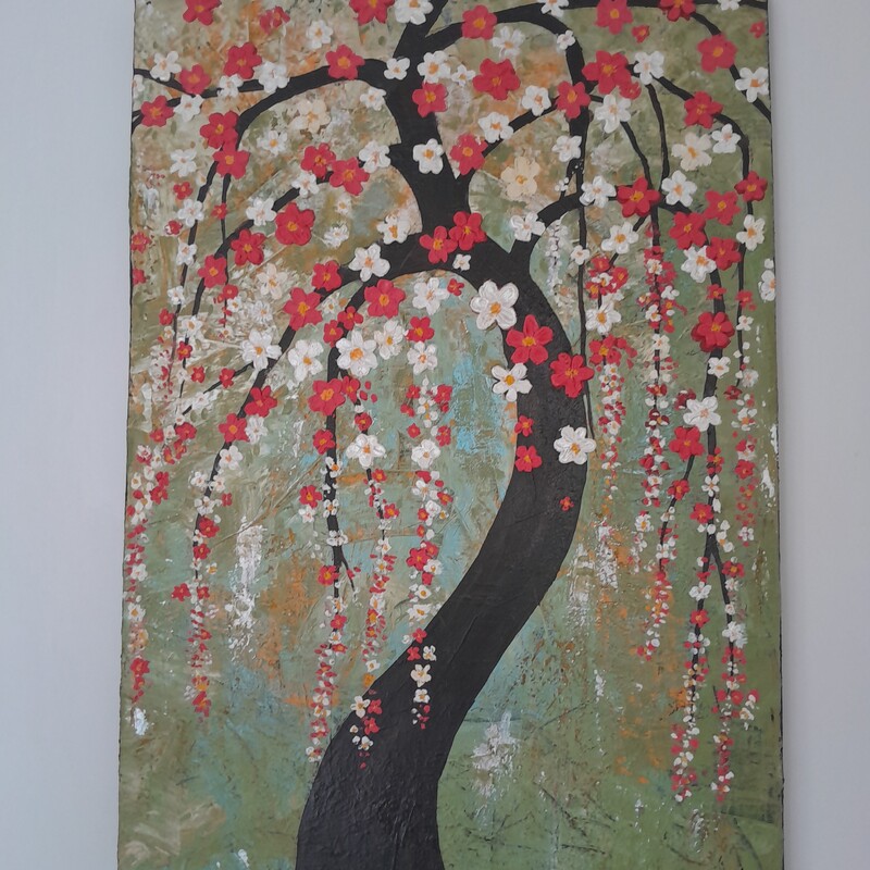 تابلو نقاشی مدرن درخت وشکوفه بامتریال رنگ اکریلیک وخمیر تکسچر درابعاد 50در70 