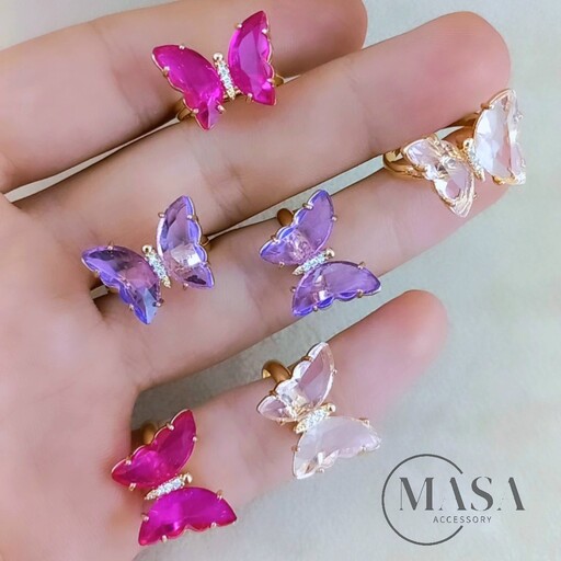 نیم ست انگشتر و گردنبند پروانه ی کریستالی در 3 رنگ صورتی یاسی و ارغوانی