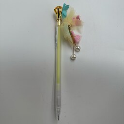 مدادنوکی 0.7 الماسی کیوت دخترانه با آویز مروارید و پاپیون زرد