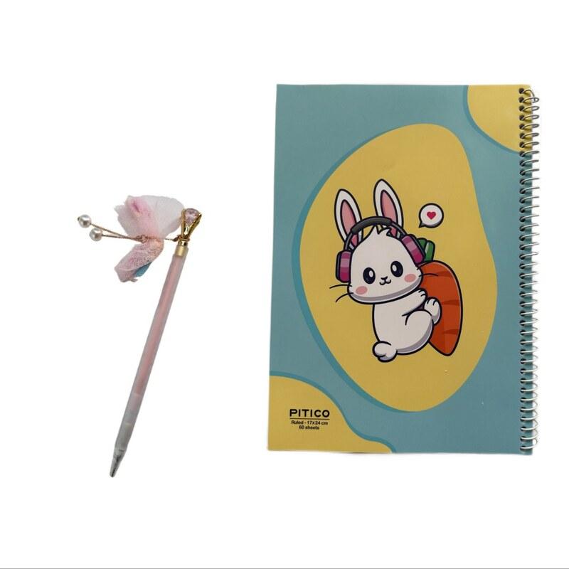دفتر مشق 60 برگ سیمی مدل خرگوش به همراه مداد نوکی فانتزی الماسی 0.7  صورتی