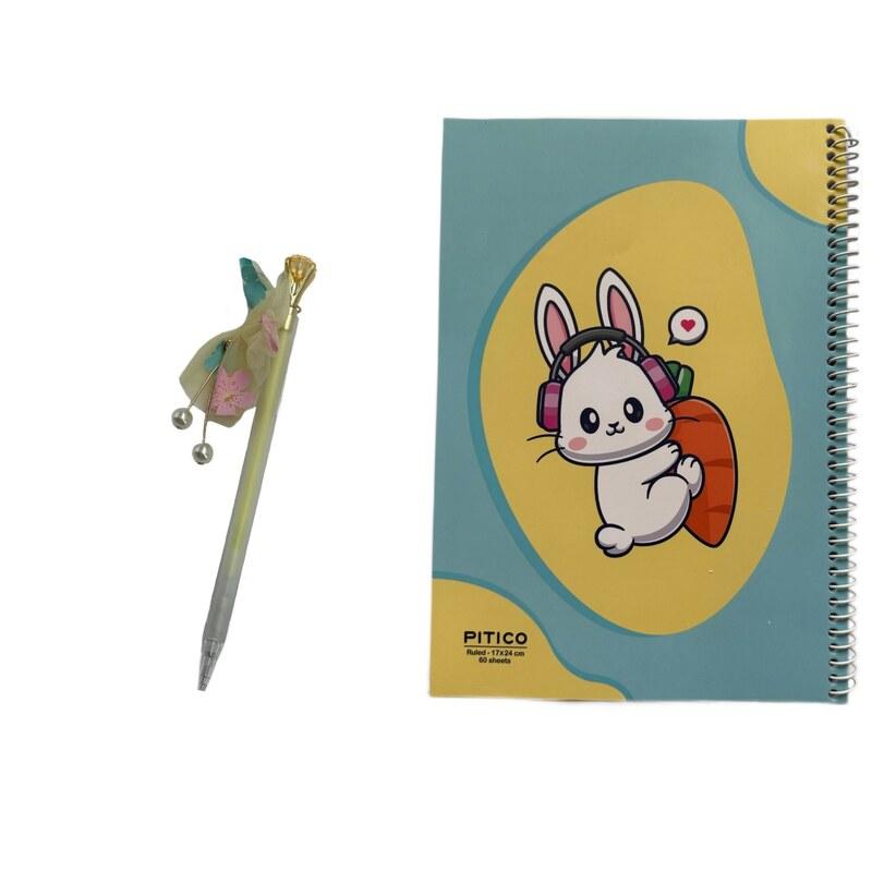دفتر مشق 60 برگ سیمی مدل خرگوش به همراه مداد نوکی فانتزی الماسی 0.7 