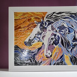 نقاشی روی شیشه طرح دو اسب با قاب سفید 2 سانتی . سایز  30 در 40