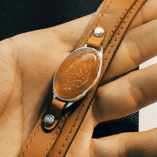 دستبند پسرانه چرم سنگ عقیق طبیعی و اصلی مدل یا زهرا