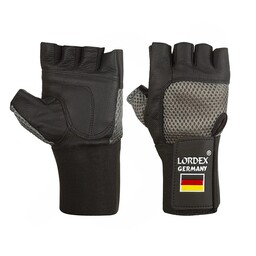 دستکش بدن سازی یمه انگشتی مچ بند دار LORDEX GERMANY سایز XXXL ( مشکی - نقره ای )