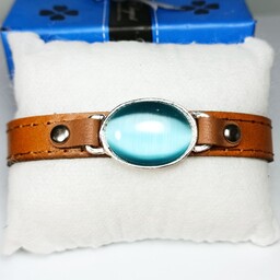دستبند چرم طبیعی با نگین چشم گربه (آبی)