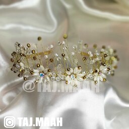 تاج و تل موی گل مرواریدی سفید و طلایی مدل TJDAISY ماه فام و تاج ماه
