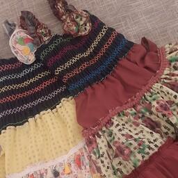 پیراهن دخترانه سنتی زیبا باخرج کارزیاددلبرانه شادرنگی پارچه لی وتور