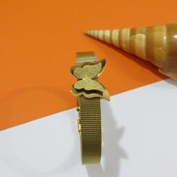 دستبند استیل  مدل ساعتی جذاب و شیک و بسیار با کیفیت و آبکاری قوی با پلاک پروانه شنی 