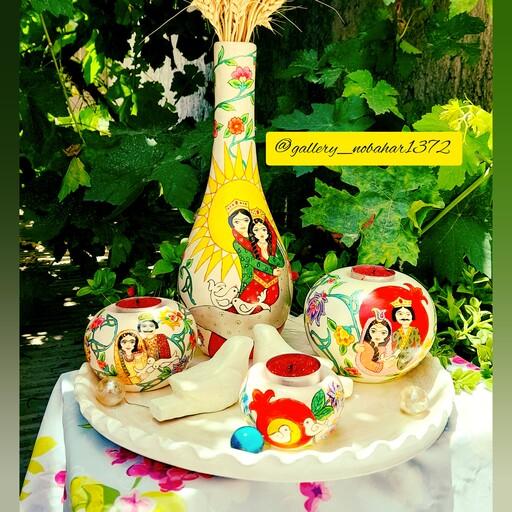 ست جاشمعی و گلدان سفالی با طرح اصیل و عاشقانه خاتون ایرانی به همراه دو عدد مرغ آمین رایگان