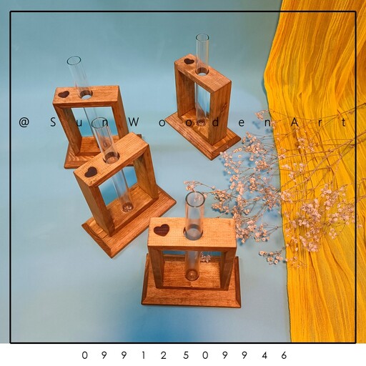گلدان شیشه ای رومیزی با قاب چوبی (یک شیشه)
