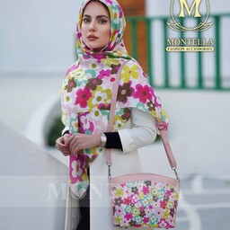 ست کیف و روسری زنانه طرح گل رنگی صورتی با کیف دوشی دسته چرمی ارسال رایگان mo184
