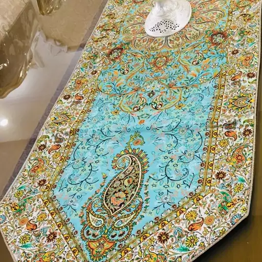 رومیزی رانر ترمه ابعادطرح افشار(50x150)سبزآبی