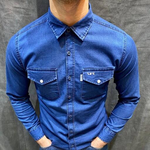پیراهن مردانه جین دو جیب دکمه دار جنس عالی(ارسال رایگان) اورجینال تنخور شیک 