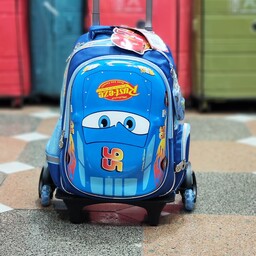 کیف  کوله پشتی چرخدار مدرسه ای پسرانه  خارجی (چرخ جداشو ) طرح ماشین مکویین آبی