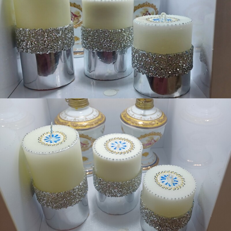 شمع استوانه ای سفید رنگ کارشده با طرح نگین ومعطر با اسانس در سه سایز