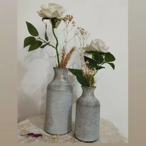 گلدان رومیزی 2عددی پتینه کاری (رنگ نقره ای)