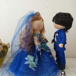 عروسک روسی عروس وداماد .مناسب جهیزیه وسفره عقد عروس خانمها.کادوی عروسی.رنگ لباس ابی کاربنی.جنس پارچه مناسب عروسک .والیاف