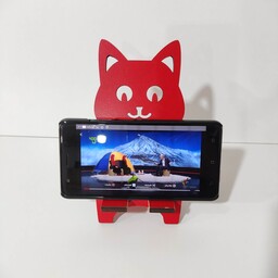 پایه چوبی نگهدارنده گوشی موبایل طرح گربه به رنگ قرمز (سرخ) -  کدe-3