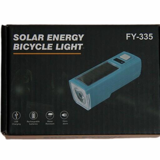 چراغ شارژی خورشیدی دوچرخه  بوق دار مدل fy335 solar energy رنگ آبی کم رنگ