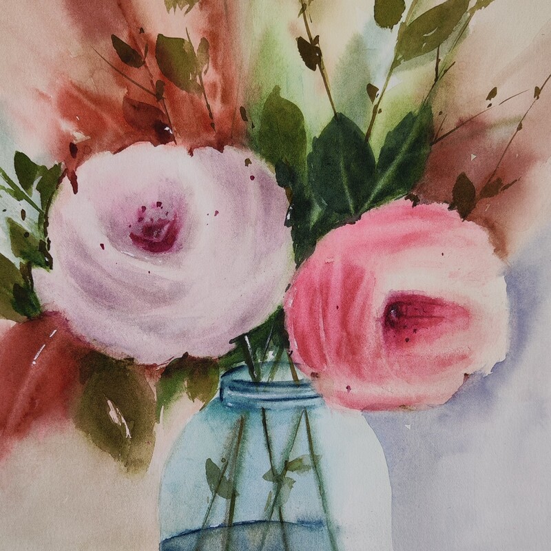 تابلو نقاشی دکوراتیو گلدان گل های رز تکنیک آبرنگ 