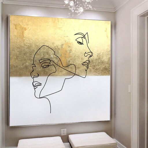 تابلو نقاشی خطی دو چهره با زمینه طلا سایز 60 در 60