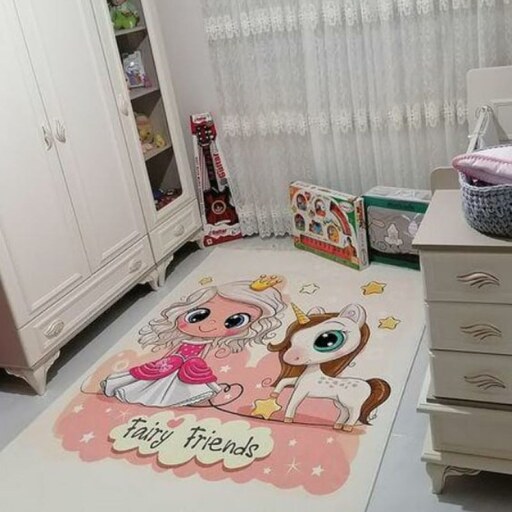فرش کودک چاپی دخترانه طرح اسب تک شاخ فرش اتاق نوجوان دخترانه   یونیکورن فرش  عروسکی 1.5 متری 