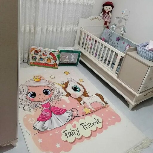 فرش کودک چاپی دخترانه طرح اسب تک شاخ فرش اتاق نوجوان دخترانه   یونیکورن فرش  عروسکی 1.5 متری 