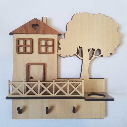 جاکلیدی دیواری چوبی دولایه، طرح خانه و درخت، مدل 001