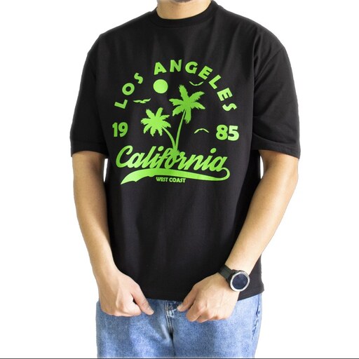 تی شرت آستین کوتاه اورسایز مردانه جینا مدل کالیفرنیا 1985 رنگ مشکی