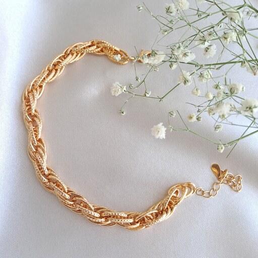 دستبند زنانه بافت طلایی با زنجیر تنظیم سایز برندzj