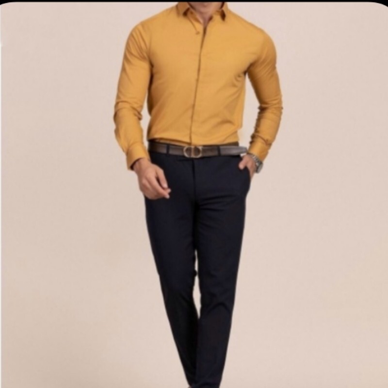 پیراهن آستین بلند مردانه رنگ خردلی پارچه ساتن کش اعلا  تولید مجموعه اورجینال دیلم 