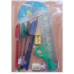 بسته نوشت افزار شامل چهار رنگ خودکار، مداد، پاکن، تراش، خط کش ژله ای، گونیا، نقاله و قیچی کودک