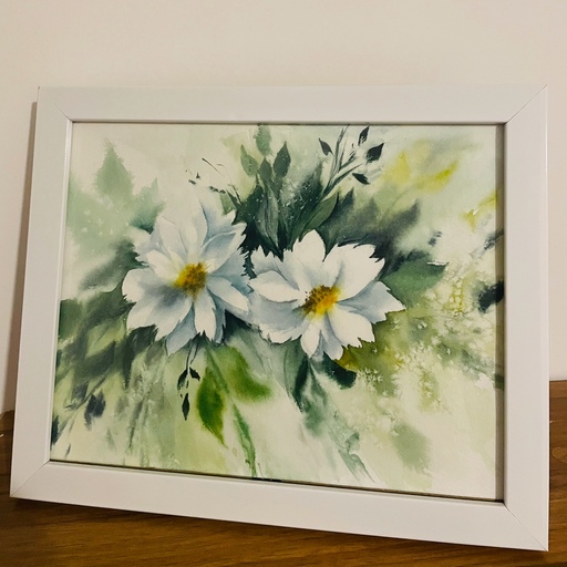تابلوی نقاشی ابرنگ طرح گل سفید سایز 20 در 25 سانتیمتر