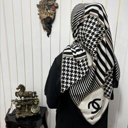(روسری چارقد قم) روسری نخی سفید مشکی منگوله دار با 2طرح زیبا و جذاب 