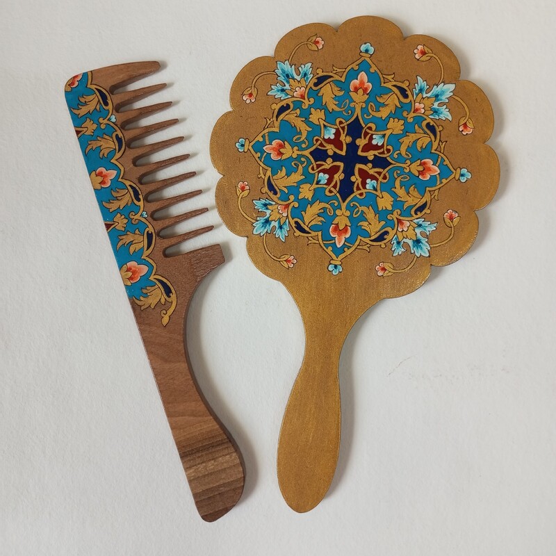 ست آینه دستی و شانه چوبی با نقاشی تذهیب