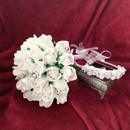 دسته گل عروس مصنوعی فومی همراه با تاج گل  مناسب عقد عروسی  آتلیه 