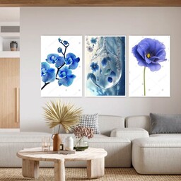 تابلو دکوراتیو فانتزی طرح گلهای آبی وسفید سه تکه 