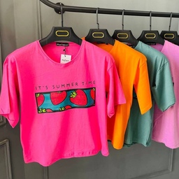 کراپ تی شرت زنانه توت فرنگی سوپرپنبه دارای رنگبندی فری سایز 
