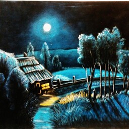 تابلو نقاشی منظره شب مهتاب  تکنیک پاستل رو مقوای مخمل ابعاد 50 در 70