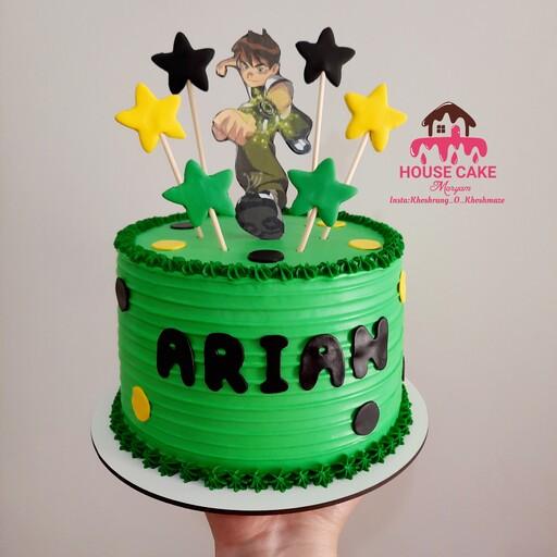 کیک تولد خامه ای پسرانه بن تن سبز  رنگ 